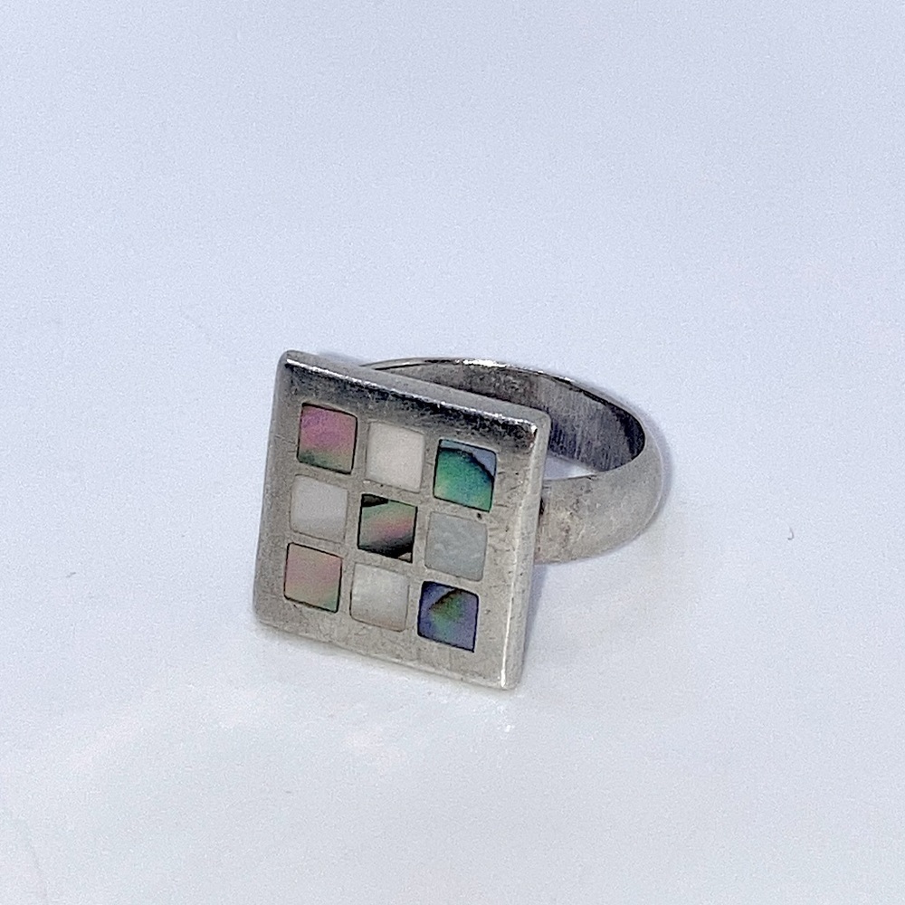 VINTAGE Abalone Sterling Silver Checker Board Pattern Inlay Size 8